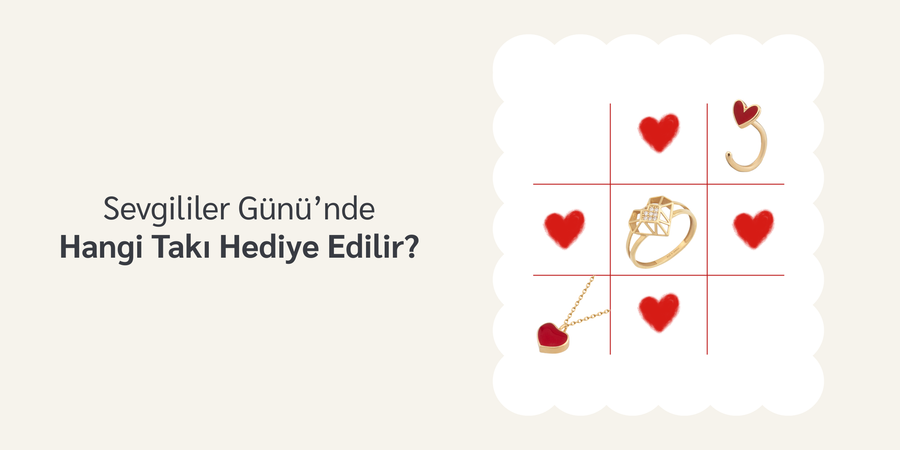 sevgililer gününde hangi takı hediye edilir görseli, kırmızı kalpli küpe, kırmızı kalpli yüzük ve kırmızı kalpli kolyeden oluşan 3e3 karelerden sos oyunu gibi oluşan görsel
