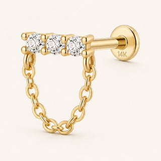Bar Chain Üç Lab Grown Diamond Taşlı Çubuk Zincir Detaylı Altın Kulak Piercing