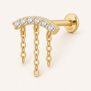 Chain Arc Kavisli Zincir Sallantılı Lab Grown Diamond Taşlı Altın Kulak Piercing