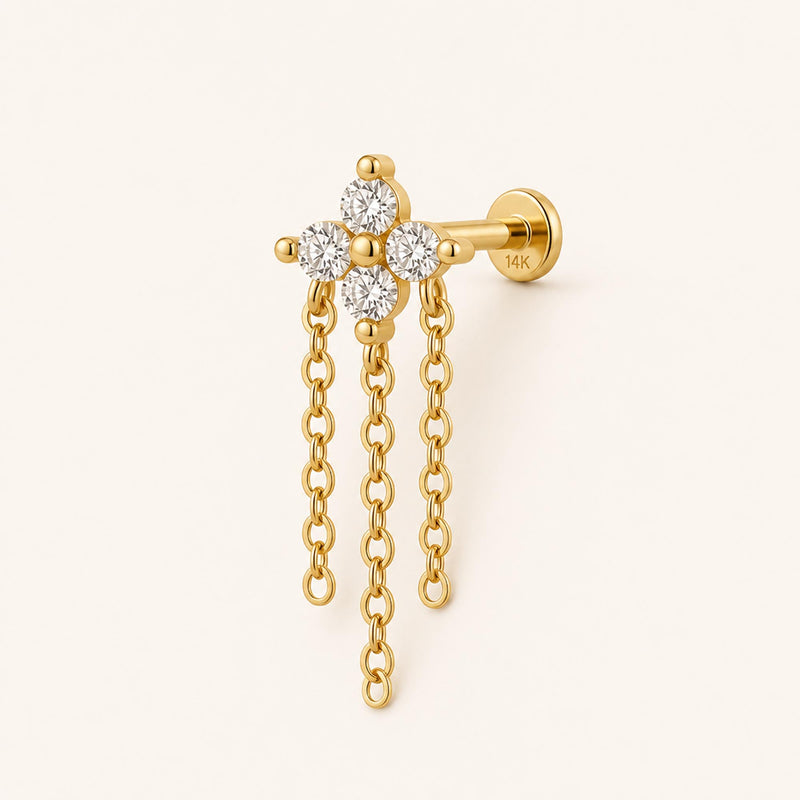 Cross Fringe Üç Zincir Sallantılı Lab Grown Diamond Taşlı Altın Kulak Piercing