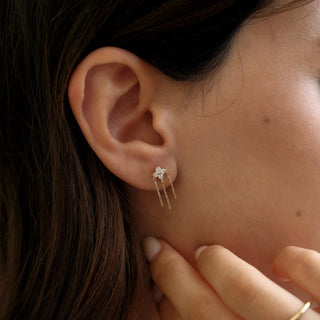 Cross Fringe Üç Zincir Sallantılı Lab Grown Diamond Taşlı Altın Kulak Piercing