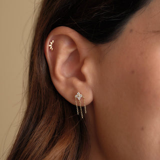 Cross Fringe Üç Zincir Sallantılı Lab Grown Diamond Taşlı Altın Kulak Piercing
