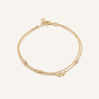 Double Heart Birleşik Kalp Figürlü Taşlı Çift Zincir Altın Bileklik