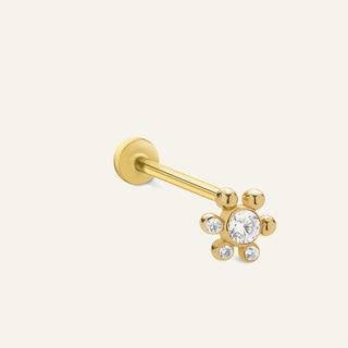 Pera Yuvarlak Çiçek Figürlü Beyaz Taşlı Altın Kulak Piercing