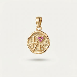 Love Medallion Kalp Detaylı Yakut Renk Taşlı Altın Kolye Ucu