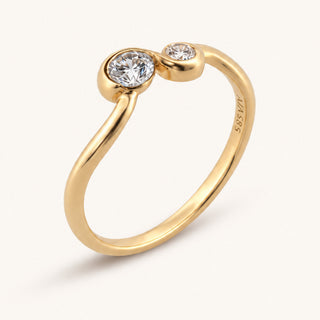 Lunette Dual Çift Dalgalı Form Hilal Çerçeveli İnce Lab Grown Diamond Taşlı Altın Yüzük