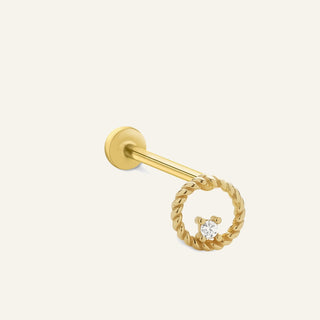 Ornaring Halka Form Kenarları Sırmalı Tek Taşlı Altın Kulak Piercing