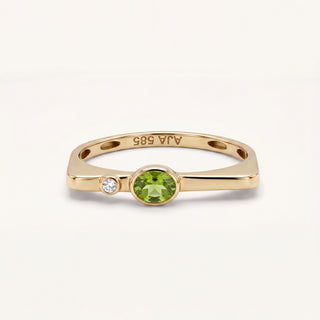 Puzzle Ağustos Ayı Oval Kesim Peridot Renk Doğum Taşı Altın Yüzük