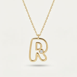 Line Letter R Harf Taşlı Altın Kolye