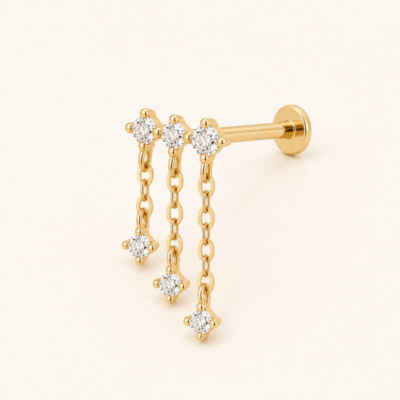 Triple Chain Üç Zincir Sallantılı Lab Grown Diamond Taşlı Altın Kulak Piercing