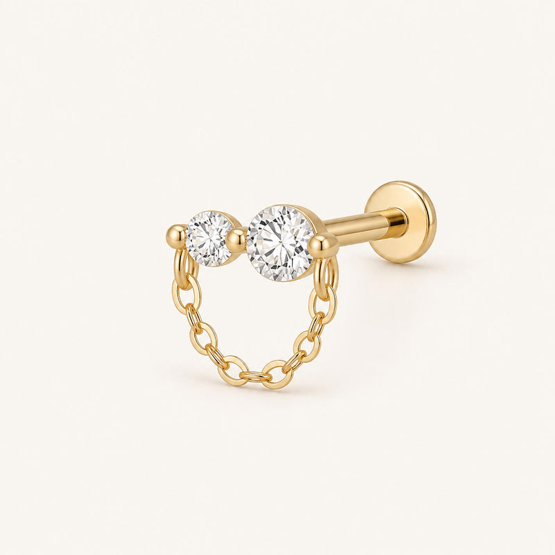Twin Chain Çift Sallantılı Zincir Detaylı Lab Grown Diamond Taşlı Altın Kulak Piercing